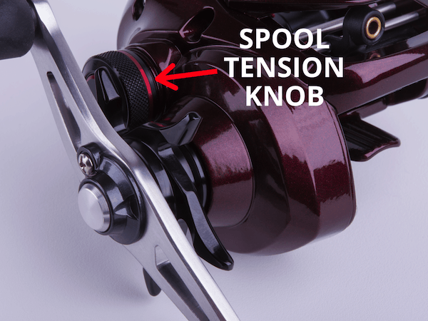 Photo of baitcaster with spool tension knob labeled
