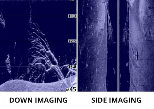 Photo of fish finder display comparing down imaging and side imaging next to each other