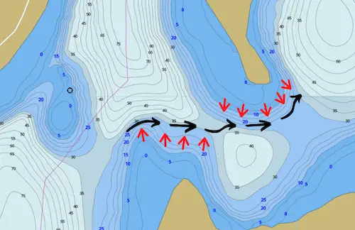 Diagram showing how to target choke point on fish travel route