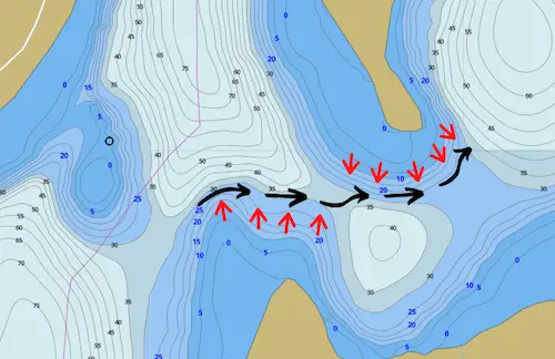 Diagram showing how to find constriction point on fish travel route