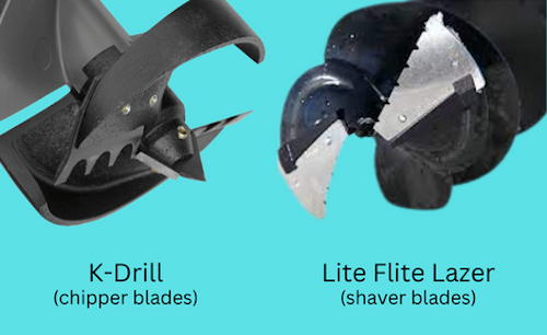 Photo comparing the blades of a K-Drill with those of a Strikemaster Lite Flite Lazer