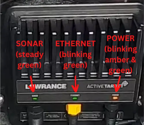 Photo of Lowrance Active Target module with LED indicator lights lit up correctly