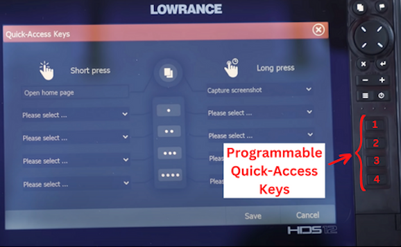 Photo of Lowrance HDS-12 Live display with quick-access keys highlighted