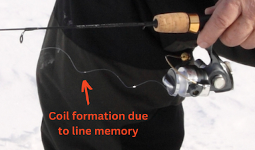Photo showing coiled line as it comes off the spool of an ice fishing reel