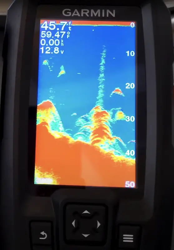 Photo of the display of a Garmin Striker Plus 4 showing depth reading