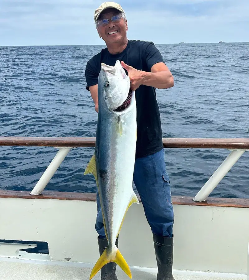 Photo of an angler holding a large yellowtail caught with a dropper loop rig fished with live bait
